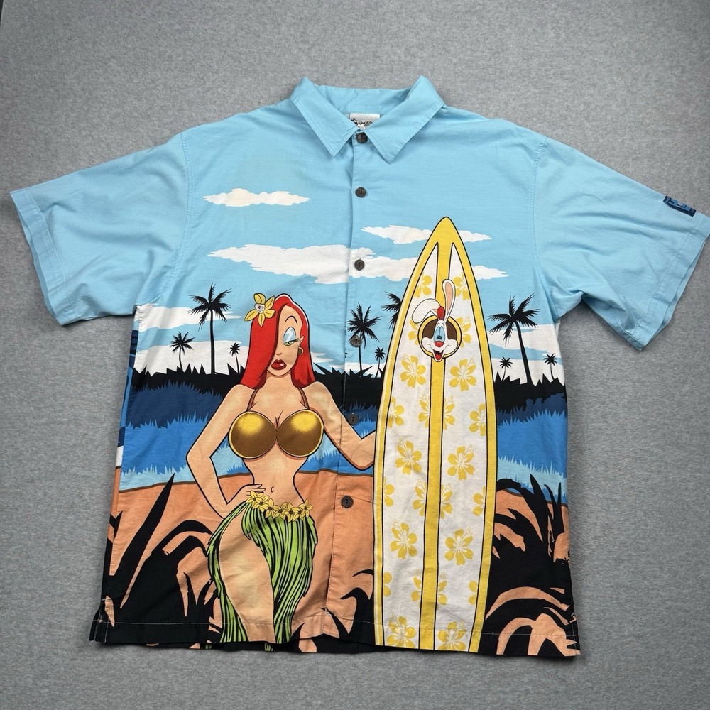 Walt Disney World Shirt Mens L Blue Jessica Roger Rabbit Hawaiian Button Up Surf